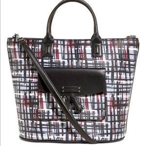 Vera Bradley Black/White Faux Leather Art Plaid Tassel Tote